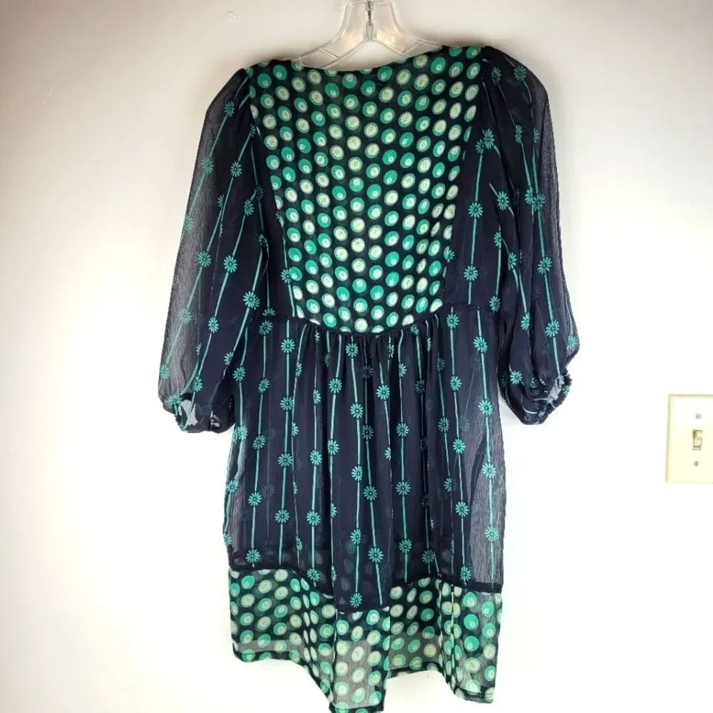 Forever black green deep V sheer tunic blouse puff sleeves whimsigoth boho S